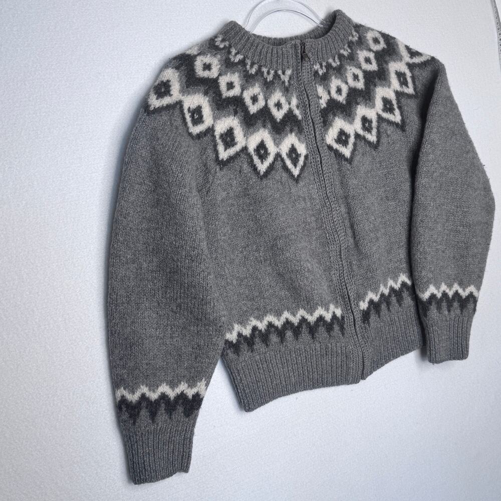 Vintage 1990s L.L.Bean Gray Fair Isle Nordic 100% Wool Zip Cardigan Sweater M - Picture 5 of 15
